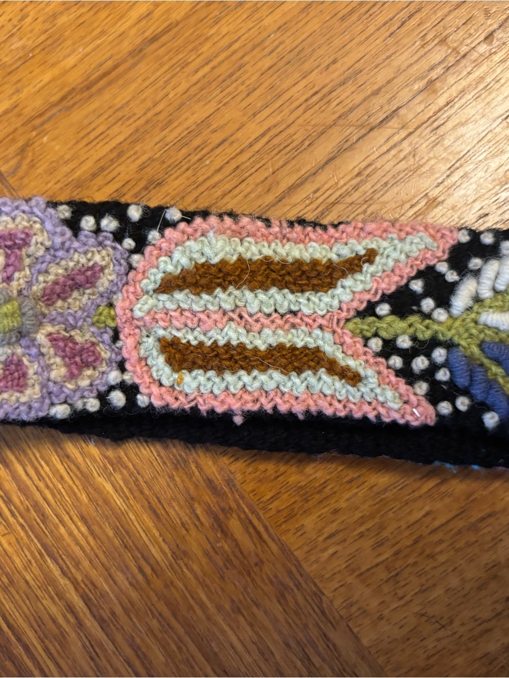 Handcrafted Floral Embroidered Black Wool Waist Belt with Pink and Brown Accents